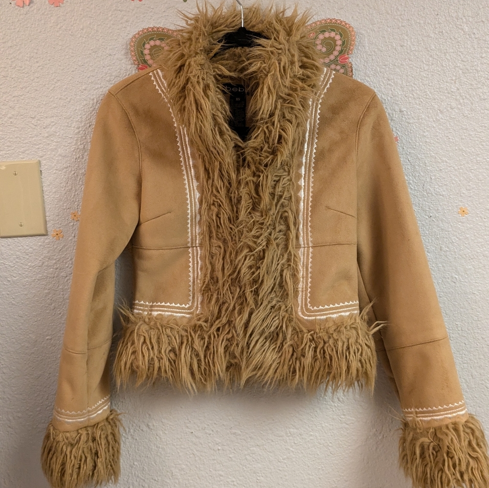 bebe Tan Faux Fur Trim Leather Jacket